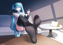 Rule 34 | 1girl, absurdres, blue eyes, blue hair, couch, feet, hatsune miku, highres, long hair, looking at viewer, panties, pantyshot, parted lips, see-through, see-through legwear, sitting, soles, table, toes, twintails, underwear, vocaloid