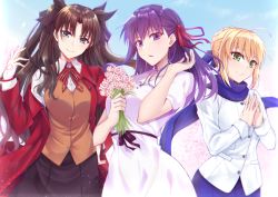 Rule 34 | 3girls, absurdres, ahoge, artoria pendragon (all), artoria pendragon (fate), black hair, black skirt, blonde hair, blue eyes, blue ribbon, blue scarf, braid, breasts, commentary, dress, fate/stay night, fate (series), flower, green eyes, gu li, hair ribbon, heaven&#039;s feel, highres, holding, holding flower, huge filesize, jacket, large breasts, long hair, looking at viewer, matou sakura, multiple girls, official alternate costume, outdoors, own hands together, pink ribbon, purple eyes, purple hair, red jacket, red ribbon, ribbon, saber (fate), scarf, short sleeves, skirt, smile, tohsaka rin, two side up, white dress, white jacket