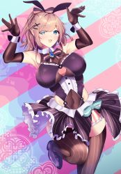 Rule 34 | :d, absurdres, animal ears, black thighhighs, blue eyes, breasts, brown hair, elbow gloves, fake animal ears, frilled skirt, frills, gloves, hair ornament, hairclip, highres, large breasts, leotard, navel, nijisanji, open mouth, playboy bunny, rabbit ears, rabbit pose, sinkai, skirt, smile, solo, striped background, striped clothes, striped thighhighs, suzuhara lulu, thighhighs, vertical-striped clothes, vertical-striped thighhighs, virtual youtuber