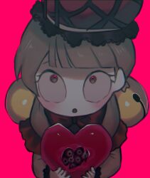 Rule 34 | 1girl, bell, brown eyes, brown hair, brown shirt, capelet, commentary request, frilled hat, frills, hair bell, hair ornament, hat, heart, highres, holding, holding heart, kureson (hayama baa), laetitia (project moon), lobotomy corporation, long sleeves, looking up, no nose, open mouth, pink background, project moon, red capelet, red hat, shirt, simple background, solo, wide-eyed