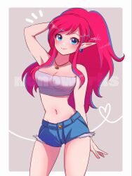 Rule 34 | 1girl, artist name, bare arms, bare shoulders, blue eyes, blue shorts, blush, border, breasts, cleavage, collarbone, cowboy shot, earrings, elf, grey background, hand in own hair, head tilt, heart, high ponytail, highres, hoop earrings, jewelry, link (shounen captain), long bangs, medium breasts, midriff, navel, nintendo, nonoworks, pink hair, pointy ears, shiny skin, shorts, sidelocks, signature, simple background, smile, solo, strapless, swept bangs, the legend of zelda, the legend of zelda (nes), thighs, triforce, tube top, watermark, white border, white tube top, wide ponytail