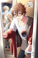 Rule 34 | 2boys, bag, blonde hair, brown hair, character request, cold pack, copyright request, door, glasses, hairband, highres, hood, hoodie, kindo, mirror, multiple boys, open mouth, plastic bag, red eyes, shirt, short hair, sky, star (sky), starry sky, t-shirt