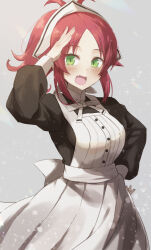 Rule 34 | 1girl, :d, aged up, aisha greyrat, apron, arm up, black dress, blue eyes, bow, bowtie, commentary, dress, fang, green eyes, grey background, hand on own hip, long sleeves, looking to the side, maid, maid apron, maid headdress, mushoku tensei, nakami chihiro, open mouth, parted bangs, ponytail, puffy long sleeves, puffy sleeves, red hair, salute, smile, solo, sparkle, standing, white apron, white bow, white bowtie