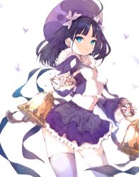Rule 34 | 1girl, bell, blue eyes, breasts, crop top, earrings, fur collar, galleria no chika meikyuu to majo no ryodan, hat, highres, jewelry, kakuwashi, long hair, looking at viewer, navel, purple hair, skirt, small breasts, smile, solo, theatrical dolce, thighhighs