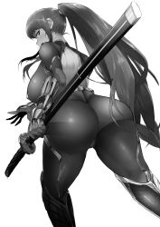 Rule 34 | 1girl, absurdres, akiyama rinko, ass, breasts, from below, greyscale, highres, holding, holding sword, holding weapon, huge breasts, leg armor, long hair, monochrome, ponytail, solo, sword, taimanin (series), taimanin yukikaze, thighs, very long hair, weapon, white background