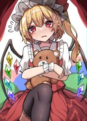 Rule 34 | 1girl, blonde hair, cowboy shot, crystal wings, dress, flandre scarlet, hat, highres, hugging object, indoors, kiui (dagk8254), medium hair, mob cap, open mouth, red dress, red eyes, red ribbon, ribbon, side ponytail, solo, stuffed animal, stuffed toy, tears, teddy bear, touhou
