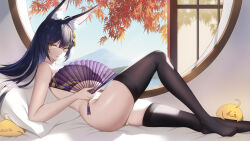 Rule 34 | 1girl, ahoge, animal ear fluff, animal ears, architecture, arm support, autumn leaves, azur lane, black hair, black thighhighs, blue sky, breasts, cleavage, commentary, convenient censoring, day, east asian architecture, facial mark, feet, folding fan, foot out of frame, fox ears, hair ornament, hand fan, highres, holding, holding fan, large breasts, legs, long hair, looking at viewer, lying, manjuu (azur lane), mountain, musashi (azur lane), no panties, no shoes, on back, on bed, open window, parted lips, pillow, round window, see-through silhouette, sky, smile, solo, straight hair, tassel, tassel hair ornament, thighhighs, thighs, toes, topless, underboob, whisker markings, window, yellow eyes, zzo (chorizzzzo)