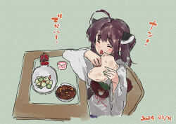 Rule 34 | 1girl, ahoge, blush, brown hair, chair, closed eyes, dated, facing viewer, food, food request, green background, headgear, holding, holding food, japanese clothes, kimono, lamb (hitsujiniku), long sleeves, obi, on chair, open mouth, plate, sash, simple background, sitting, solo, table, touhoku kiritan, translation request, twintails, voiceroid, white kimono, wide sleeves