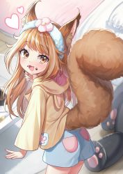 Rule 34 | 1girl, :d, absurdres, animal ear fluff, animal ears, animal hood, bed, blue shorts, blurry, blurry background, blush, brown eyes, brown hair, brown hoodie, depth of field, fake animal ears, flower, food, food on face, food on hand, fork, frilled pillow, frills, from behind, hanasaki mahiru, hand up, highres, hood, hood down, hoodie, indie virtual youtuber, indoors, looking at viewer, looking back, open mouth, pillow, pink flower, rabbit ears, rabbit hood, short shorts, shorts, smile, solo, standing, table, tail, virtual youtuber, yusa suku
