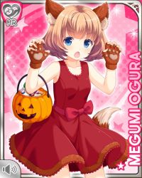 Rule 34 | 1girl, :o, animal ears, blonde hair, blue eyes, bow, breasts, card (medium), character name, costume, dress, fake animal ears, fake animal tail, girlfriend (kari), gloves, official art, ogura megumi, open mouth, pink background, pink bow, qp:flapper, red dress, small breasts, tagme, tail, werewolf, wolf ears, wolf tail