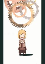 Rule 34 | 1girl, blonde hair, blue eyes, brown capelet, brown coat, brown footwear, brown pantyhose, capelet, chibi, chibi only, chinese commentary, clock, coat, collared shirt, commentary request, full body, gears, hair ornament, highres, hololive, hololive english, looking at viewer, medium hair, open clothes, open coat, pantyhose, pillarboxed, plaid clothes, plaid skirt, shadow, shirt, shoes, skirt, smile, solo, straight-on, straight hair, virtual youtuber, watson amelia, watson amelia (1st costume), white background, white shirt, yiyaoxiaoxing