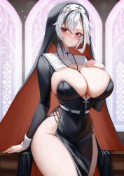 1girl absurdres alternate_costume arlecchino_(genshin_impact) azuukichan black_dress black_eyes black_hair black_veil blush breasts closed_mouth commentary covered_navel cowboy_shot cross cross_necklace dress english_commentary genshin_impact hair_between_eyes highres jewelry large_breasts long_sleeves looking_at_viewer medium_hair multicolored_hair necklace necklace_between_breasts nun pelvic_curtain red_pupils side_slit sideboob solo strapless strapless_dress symbol-shaped_pupils thighs two-tone_hair veil white_hair white_sleeve_cuffs x-shaped_pupils