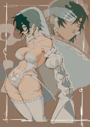 Rule 34 | 1girl, absurdres, alternate costume, black hair, breasts, bridal veil, bride, chainsaw man, cigarette, detached sleeves, eyepatch, green eyes, highres, himeno (chainsaw man), large breasts, liowig, revealing clothes, short hair, sleeves past fingers, sleeves past wrists, smoking, solo, thighhighs, veil, wedding lingerie, white thighhighs