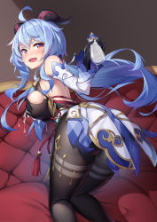 Rule 34 | 1girl, absurdres, ahoge, ass, baby bottle, bare shoulders, black gloves, black leotard, black pantyhose, blue hair, bottle, breasts, detached sleeves, from behind, frown, ganyu (genshin impact), genshin impact, gloves, goat horns, highres, holding, horns, k.t.cube, kneeling, lactation, large breasts, leotard, long hair, long sleeves, looking at viewer, looking back, low ponytail, open mouth, pantyhose, purple eyes, revision, solo, thighs, torn clothes, v-shaped eyebrows, very long hair, waist cape