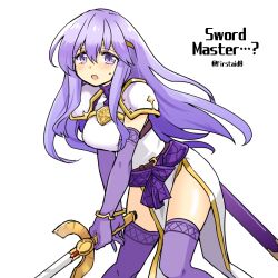 Rule 34 | 1girl, alternate costume, armor, breasts, circlet, english text, fire emblem, fire emblem: genealogy of the holy war, holding, holding sword, holding weapon, julia (fire emblem), long hair, medium breasts, nintendo, open mouth, pauldrons, purple eyes, purple hair, shoulder armor, simple background, solo, sword, thighhighs, thighs, weapon, yukia (firstaid0)