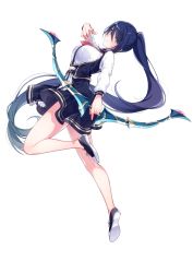 Rule 34 | 1girl, aiba mio, bare legs, blue eyes, blue hair, bow (weapon), expressionless, eyes visible through hair, full body, high ponytail, highres, holding, holding bow (weapon), holding weapon, leg up, long hair, long sleeves, looking at viewer, miniskirt, no socks, official art, omega labyrinth life, shoes, simple background, skirt, sneakers, solo, u35, underbust, very long hair, weapon, white background