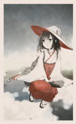 Rule 34 | 1girl, backpack, bag, black hair, blush, border, broom, broom riding, cloud, flying, green eyes, hakama, hakama skirt, hat, highres, japanese clothes, looking to the side, medium hair, miko, muted color, original, sandals, skirt, sky, smile, tamanoti, witch, witch hat, zouri