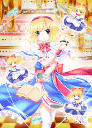 Rule 34 | 1girl, akuriru, alice margatroid, apron, arm up, blonde hair, blue dress, blue eyes, book, bow, cake, candy, capelet, dress, dripping, female focus, food, fork, frills, glint, headband, highres, holding, jewelry, knife, light smile, long sleeves, looking at viewer, no mouth, open hand, puppet rings, puppet strings, ring, sash, shanghai doll, short hair, short sleeves, solo, spoon, thighhighs, touhou, wrist cuffs