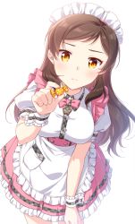 Rule 34 | 1girl, apron, bow, bowtie, breasts, brown hair, butterfly necklace, candy, closed mouth, cowboy shot, dress shirt, floating hair, food, frilled skirt, frills, holding, holding candy, holding food, idolmaster, idolmaster million live!, idolmaster million live! theater days, kitazawa shiho, leaning forward, long hair, looking at viewer, maid headdress, medium breasts, miniskirt, pink bow, pink bowtie, pink skirt, shirt, short sleeves, simple background, skirt, solo, touon, underbust, waist apron, white apron, white background, white shirt, wrist cuffs, yellow eyes