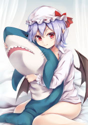 Rule 34 | 1girl, bat wings, bed sheet, blue hair, blush, bow, brown wings, closed mouth, collarbone, collared shirt, commentary request, curtains, fang, fang out, hair between eyes, hat, hat bow, hinoka (allen), hugging object, ikea shark, long sleeves, mob cap, pajamas, pillow, pointy ears, red bow, red eyes, remilia scarlet, shirt, sitting, solo, stuffed animal, stuffed shark, stuffed toy, touhou, v-shaped eyebrows, wariza, white hat, white shirt, wings
