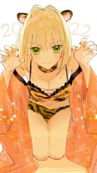 Rule 34 | 1girl, akamakoto, animal ears, animal print, bikini, blonde hair, blush, breasts, cleavage, commentary request, fangs, fate/extra, fate/grand order, fate (series), green eyes, hair between eyes, highres, large breasts, nail polish, nero claudius (fate), nero claudius (fate) (all), nero claudius (fate/extra), new year, short hair, solo, swimsuit, tail, tiger ears, tiger print, tiger tail, white background