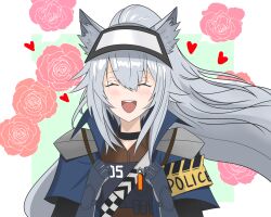 Rule 34 | 1girl, :d, ^ ^, animal ear fluff, animal ears, arknights, armband, armor, black collar, blue capelet, blush, border, brown shirt, capelet, cel shading, closed eyes, collar, collared capelet, commentary, emblem, english commentary, excited, floating hair, flower, flower (symbol), gauntlets, grani (arknights), green background, grey hair, hair between eyes, hands up, heart, high collar, highres, horse ears, horse girl, long hair, open mouth, outside border, pink flower, pink rose, police, portrait, rose, round teeth, shirt, shoulder pads, smile, solo, teeth, unfinished, upper teeth only, visor cap, white border, yellow armband, yosua 0669