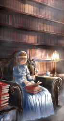 Rule 34 | 1girl, absurdres, armchair, bad id, bad pixiv id, blonde hair, blue eyes, blunt bangs, book, bookshelf, chair, cup, dress, gosick, hairband, highres, hime cut, lolita fashion, long hair, looking at viewer, open book, reading, room, sitting, smoking pipe, solo, teacup, victorica de blois, yocchan rengou