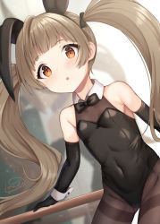 Rule 34 | 1girl, :o, animal ears, bare shoulders, binsen, black bow, black bowtie, black gloves, black hairband, black leotard, blurry, blurry background, blush, bow, bowtie, breasts, brown eyes, brown hair, brown pantyhose, collarbone, covered navel, depth of field, elbow gloves, fake animal ears, gloves, groin, hair bow, hairband, hakozaki serika, highres, idolmaster, idolmaster million live!, leotard, long hair, pantyhose, parted lips, playboy bunny, rabbit ears, small breasts, solo, thighband pantyhose, twintails, very long hair, wrist cuffs