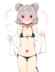 Rule 34 | 1girl, akagashi hagane, animal ears, bare shoulders, blush, bra, breath, choker, full-face blush, gem, grey hair, heart, heart-shaped pupils, heart tattoo, looking at viewer, midriff, mouse ears, mouse tail, navel, nazrin, off shoulder, open clothes, open shirt, panties, red eyes, shirt, short hair, simple background, smile, solo, sweat, symbol-shaped pupils, tail, tattoo, tongue, tongue out, touhou, underwear, white background