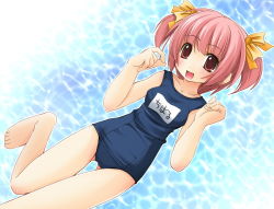 Rule 34 | barefoot, blue background, blue one-piece swimsuit, hair ribbon, one-piece swimsuit, pink hair, ribbon, school swimsuit, shibacha, solo, swimsuit, twintails
