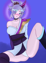 Rule 34 | 1girl, absurdres, blue eyes, breasts, cleavage, demon girl, hair over one eye, highres, league of legends, purple hair, riven (league of legends), self-upload, shamashio, solo, spirit blossom riven, spiritblossom, spread legs, thighs
