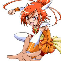 Rule 34 | 10s, 1girl, :d, arm warmers, bike shorts, bike shorts under skirt, bow, brooch, choker, clenched hand, cowboy shot, cure sunny, fighting stance, hair bun, hino akane (smile precure!), jaggy lines, jewelry, looking away, lowres, magical girl, matching hair/eyes, oekaki, open mouth, orange bow, orange eyes, orange hair, orange skirt, orange theme, precure, short hair, shorts, shorts under skirt, simple background, single hair bun, skirt, smile, smile precure!, solo, thighhighs, uraki, white background, white thighhighs