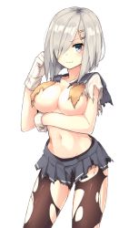 Rule 34 | 10s, 1girl, bad id, bad pixiv id, black pantyhose, blue skirt, blush, breasts, chorefuji, cleavage, closed mouth, collarbone, grey eyes, hair over one eye, hamakaze (kancolle), kantai collection, large breasts, looking at viewer, navel, pantyhose, silver hair, skirt, solo, torn clothes, torn pantyhose, torn skirt
