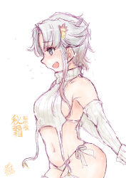 Rule 34 | 1girl, akishimo (kancolle), alternate costume, artist name, asymmetrical hair, asymmetrical sidelocks, commentary request, cropped sweater, detached sleeves, garter straps, grey eyes, grey hair, hair ornament, kantai collection, koshigaya tatsumi, leaf hair ornament, meme attire, one-hour drawing challenge, panties, ribbed panties, ribbed sleeves, ribbed sweater, short hair, short hair with long locks, side-tie panties, simple background, sleeveless, sleeveless turtleneck, solo, sweater, thighhighs, turtleneck, turtleneck sweater, underwear, virgin destroyer sweater, white background, white garter straps, white panties, white sweater