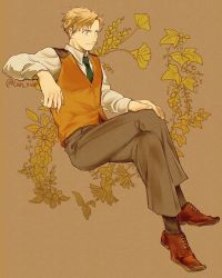 Rule 34 | 1boy, alphonse elric, bad id, bad twitter id, black legwear, blonde hair, brown background, brown footwear, brown theme, brown vest, buttons, closed mouth, collared shirt, crossed legs, dress shirt, facing viewer, floral background, formal, full body, fullmetal alchemist, green necktie, grey pants, hand on own knee, highres, leaf, leaf background, light smile, long sleeves, looking afar, male focus, necktie, oxfords, pants, shirt, shoes, simple background, socks, swept bangs, tan no0, twitter username, vest, white shirt, yellow eyes, yellow theme