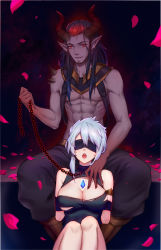 Rule 34 | 1boy, 1girl, abs, absurdres, alternate costume, bdsm, blindfold, bondage, bound, breasts, chain, chained, cherry blossoms, cleavage, dawnbringer riven, hair between eyes, hand on another&#039;s chest, highres, kezi, large breasts, league of legends, looking at viewer, nightbringer yasuo, pointy ears, red eyes, restrained, riven (league of legends), torn clothes, white hair, yasuo (league of legends)
