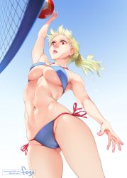 Rule 34 | 1girl, arm up, armpits, artist name, ball, bare arms, bare shoulders, beach volleyball, bikini, blonde hair, blue sky, blush, breasts, cameltoe, day, feguimel, from below, gluteal fold, groin, lips, long hair, navel, net, original, outdoors, parted lips, ponytail, red eyes, side-tie bikini bottom, skindentation, sky, solo, stomach, sweat, swimsuit, thighs, twitter username, underboob, volleyball, volleyball (object), volleyball net, watermark, web address