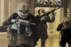 Rule 34 | 3boys, assault rifle, black hair, blonde hair, chains (payday), foregrip, gloves, gun, highres, hoxton, m4 carbine, male focus, mask, multiple boys, payday: the heist, payday (series), payday 2, rifle, short hair, shotgun, steeam, tactical clothes, traditional media, trigger discipline, vertical forward grip, weapon, wig, wolf (payday)