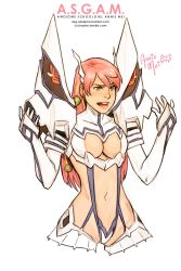 Rule 34 | 1girl, annie mei, annie mei project, armor, blush, breasts, caleb thomas, cleavage, cleavage cutout, clothing cutout, cosplay, cropped legs, earrings, elbow gloves, gloves, green eyes, hair ornament, hairclip, highres, jewelry, junketsu, kill la kill, kiryuuin satsuki, kiryuuin satsuki (cosplay), long hair, navel, original, pauldrons, pink hair, revealing clothes, shoulder armor, solo, suspenders