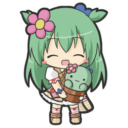 Rule 34 | 1girl, :3, :d, ^ ^, bad id, bad pixiv id, bag, blush stickers, boots, brown footwear, cactus, chibi, closed eyes, closed mouth, commentary request, emil chronicle online, facing viewer, flower, full body, green hair, hair flower, hair ornament, holding, kneehighs, long hair, open mouth, pink flower, pink skirt, plaid, plaid bag, plaid footwear, plant, potted plant, puffy short sleeves, puffy sleeves, ri-net, shabotan alma, shirt, short sleeves, shoulder bag, simple background, skirt, smile, socks, solo, standing, striped clothes, striped socks, two side up, very long hair, white background, white shirt