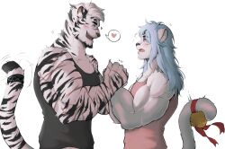 Rule 34 | 2boys, bara, beard, bell, black tank top, blue eyes, blue hair, blush, facial hair, furry, furry male, heart, height difference, holding hands, jcxraf, light blue hair, long hair, male focus, motion lines, multiple boys, muscular, muscular male, open mouth, original, pink tank top, red eyes, short hair, sideburns, spoken heart, tail, tail bell, tail ornament, tank top, teeth, tiger, tiger boy, upper teeth only, white background, white hair, white tiger, yaoi