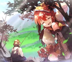 Rule 34 | 1boy, 1girl, boots, brown footwear, brown gloves, brown hair, bucket, closed eyes, commission, cross-laced footwear, dress, falcon (girls&#039; frontline), fish, fishing, fishing rod, giant, giantess, girls&#039; frontline, gloves, harufude, headband, knee boots, lace-up boots, medium hair, open mouth, outdoors, red headband, skeb commission, smile, tree