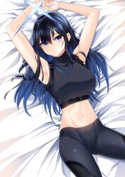 Rule 34 | 1girl, absurdres, armpits, arms up, bare arms, bare shoulders, bed sheet, black pants, black shirt, blue archive, blue eyes, blue hair, breasts, commentary request, cowboy shot, crop top, hair between eyes, highres, kipdrew, large breasts, leggings, long hair, looking at viewer, lying, midriff, navel, on back, pants, saori (blue archive), shirt, sleeveless, sleeveless shirt, solo, stomach, thighs