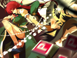 Rule 34 | 2girls, battle, blonde hair, breasts, china dress, chinese clothes, clock, clock tower, danmaku, dress, female focus, gameplay mechanics, hat, hong meiling, immaterial and missing power, kirisame marisa, long hair, multiple girls, power-up, red eyes, red hair, ribbon, surprised, embodiment of scarlet devil, touhou, tower, uki (room 405), witch, witch hat, yellow eyes