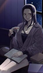 Rule 34 | black dress, black hair, book, book on lap, book stack, brown eyes, brown shawl, cup, dress, drink, highres, indoors, jewelry, long hair, long sleeves, necklace, nico robin, night, nsgw, official alternate eye color, one piece, open book, parted hair, reading, shawl, sitting, smile, teacup