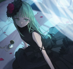 Rule 34 | 1girl, absurdres, bed, black dress, black hat, blunt bangs, breasts, character request, copyright request, dress, flower, flower hat, frilled dress, frills, green eyes, green hair, green nails, hat, highres, indoors, long hair, nail polish, night, niro (sikabanekurui), on bed, open mouth, petals, pocket watch, red flower, rose, rose petals, sleeveless, sleeveless dress, small breasts, solo, virtual youtuber, watch