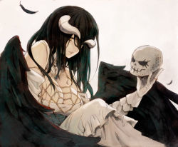 Rule 34 | 1girl, albedo (overlord), black feathers, black hair, black wings, breasts, cleavage, demon girl, demon horns, demon wings, detached collar, dress, feathered wings, feathers, gloves, hair between eyes, holding, holding skull, horns, jewelry, large breasts, long hair, low wings, overlord (maruyama), ring, skull, user xgpy8228, white dress, white gloves, wings, yellow eyes