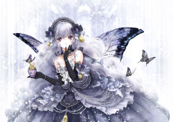 Rule 34 | 1girl, bare shoulders, bracelet, bug, butterfly, butterfly wings, choker, dress, elbow gloves, gloves, hairband, insect, insect wings, jewelry, lolita fashion, long hair, original, purple eyes, shiitake (gensoudou), silver hair, solo, wings