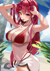 Rule 34 | 1girl, absurdres, armpits, arms up, beach, bikini, bikini under clothes, blush, breasts, earrings, hair tie, hair tie in mouth, hands up, heart, heterochromia, highres, hololive, houshou marine, houshou marine (summer), jewelry, large breasts, leaf, long hair, looking at viewer, mouth hold, navel, palm tree, puripuri, red bikini, red eyes, red hair, shorts, solo, string bikini, swimsuit, tree, virtual youtuber, water, white shorts, yellow eyes