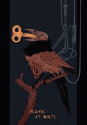 Rule 34 | 1other, animal, bird, bird skull, branch, english text, feathered wings, feathers, highres, needle, pain, sallllltywater, scp-7931, scp foundation, simple background, talons, winding key, wings